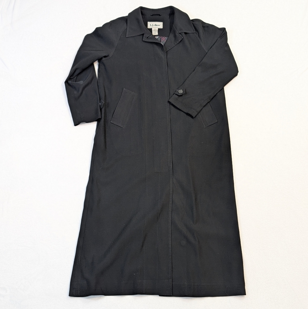 VTG LL Bean Trench Coat Full Length Button Up Black Tartan Plaid Lining Womens M
